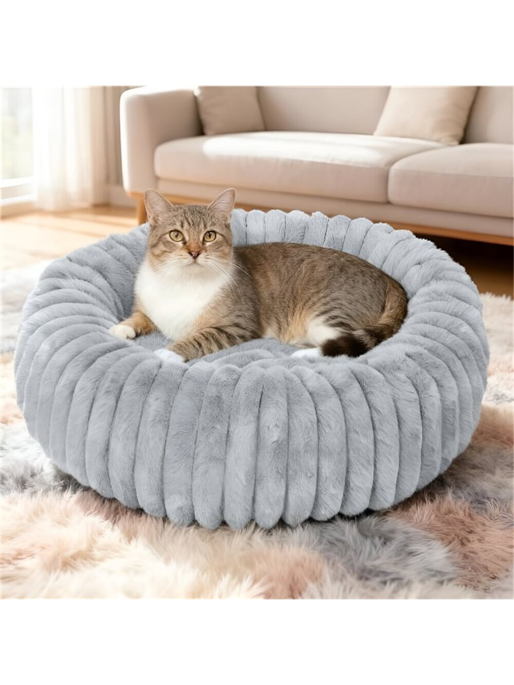 Washable Small Cat Dog Bed,Calming Anti Anxiety Round Donut Dog Bed,Cute Kitten